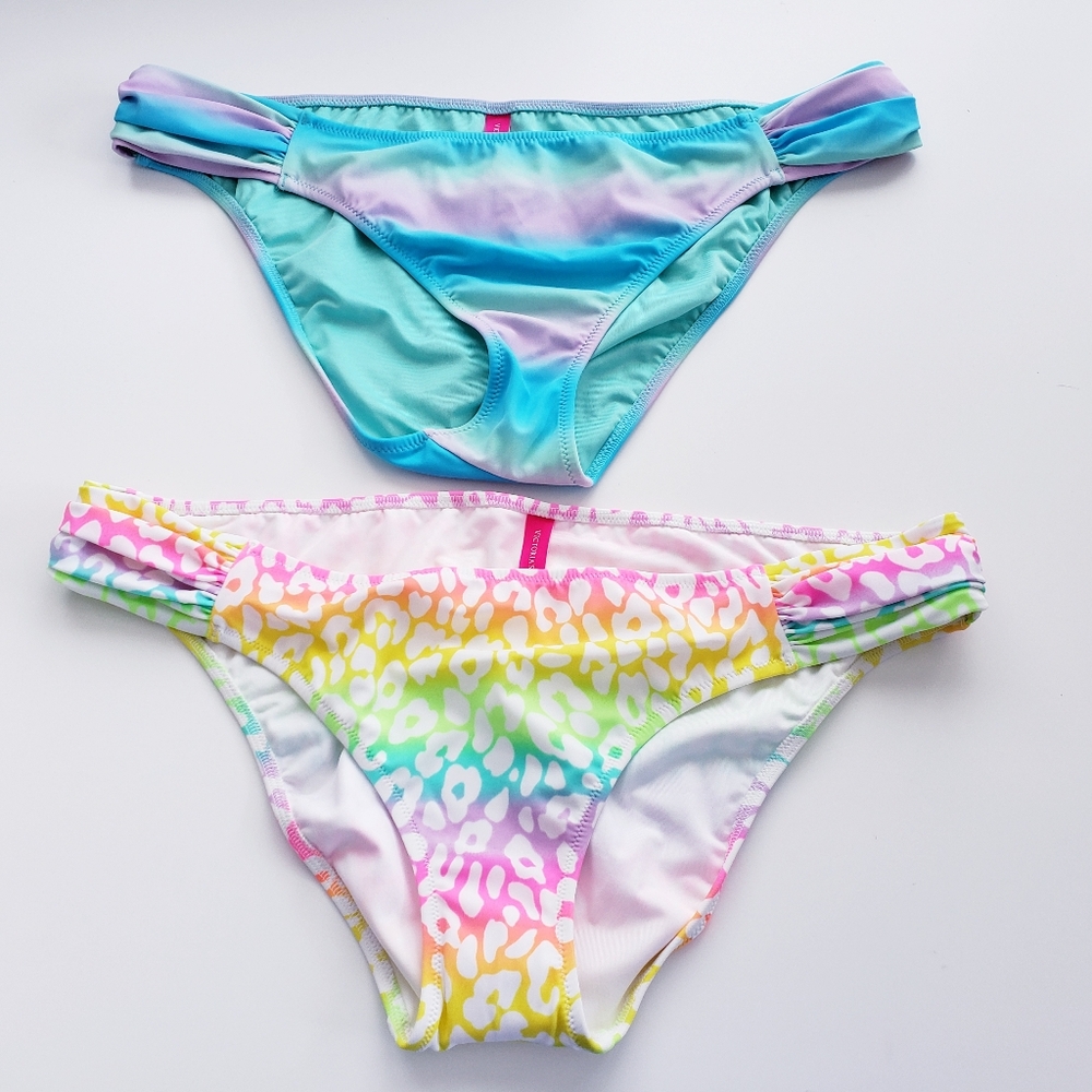 2 EUC Victoria's Secret Ruched Bikini Bottoms Womens Large Tie Dye Neon Cheetah - Picture 2 of 11